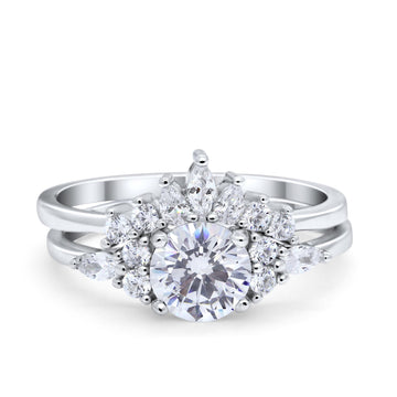 Two Piece Wedding Ring Round Simulated Cubic Zirconia 925 Sterling Silver